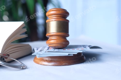 Preview: Gavel . hash and handcuff on table with copy space