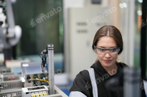 Preview: Robotic Arm engineer check on equipment in its with software of an Artificial Intelligence Computer