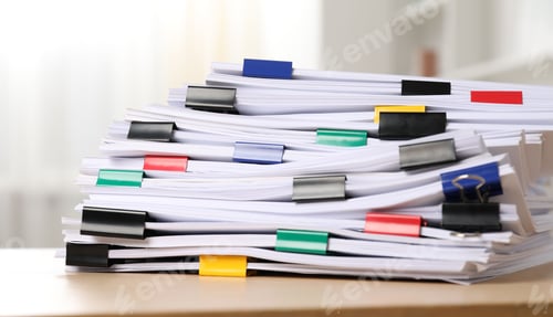 Preview: Colorful binder clips with sheets of paper on table indoors, closeup