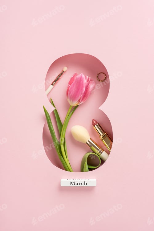 Preview: Pink vertical tulip and beauty items elegantly set in a pink aesthetic for Women's Day. Artistic