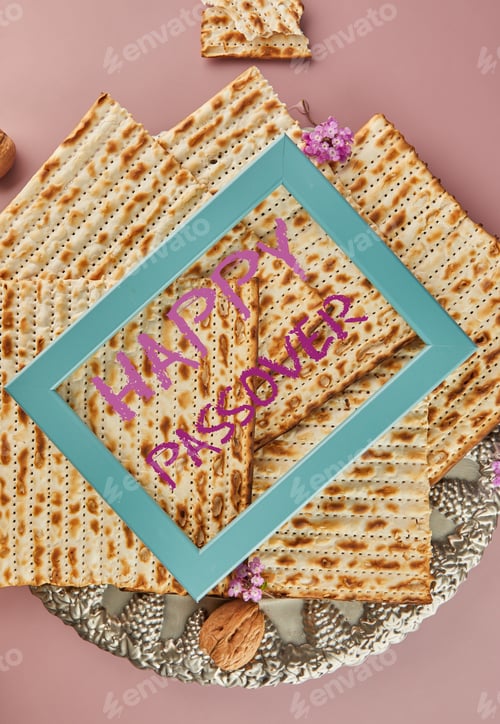 Preview: Pesach celebration concept - Jewish holiday Pesach. Matzah on traditional Seder plate with bottle of