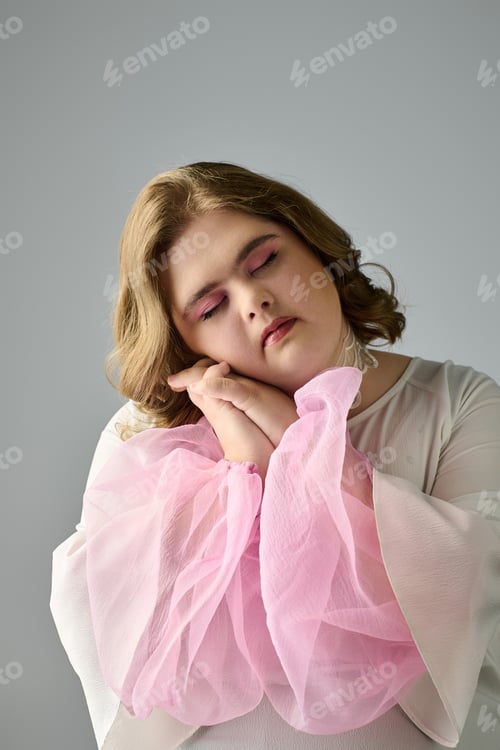 Preview: Young woman embracing dreams with blissful expression in soft pastel setting