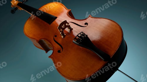 Preview: Digital art object, realistic violin rotating while moving isolated on a colorful background. Design