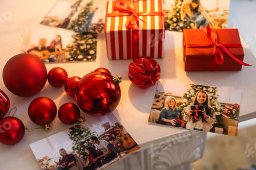 Preview: photo next to gifts, christmas background.