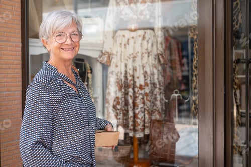 Preview: Beautiful senior woman in front to a shop window walking for shopping in the city
