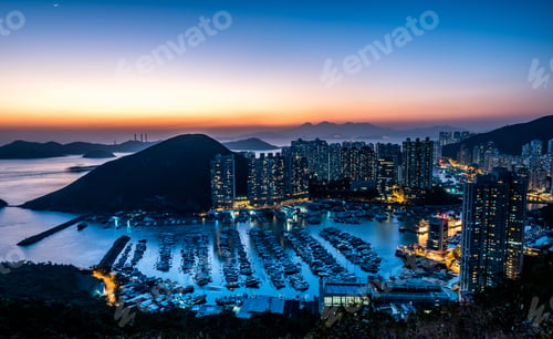 Preview: Stunning aerial view of Aberdeen Typhoon Shelters on the South Shore of Hong Kong Island at sunset