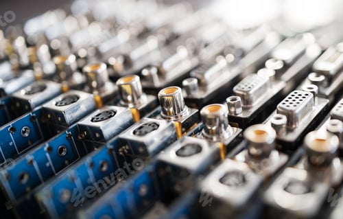Preview: Close-up blurry metal sockets on a computer video board