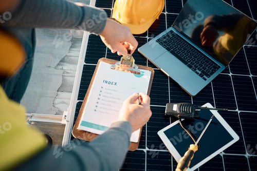 Preview: Planning, solar panels and checklist with hands of man for engineering, sustainability and renewabl