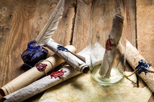 Preview: Preparing to send ancient letter in a bottle with blue ink