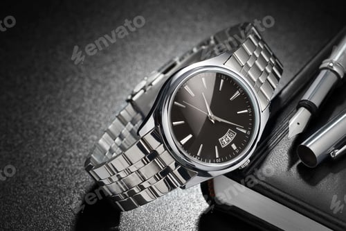Preview: Steel wristwatch on black background
