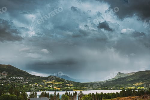 Preview: More og Romsdal county, Norway. Village On Coast Of Beautiful Lake In Summer Cloudy Day. Norwegian