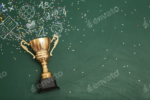 Preview: Golden trophy cup and chalk drawings on color background, top view with space for text