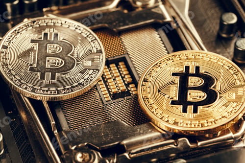 Preview: golden bitcoin and computer chip in background
