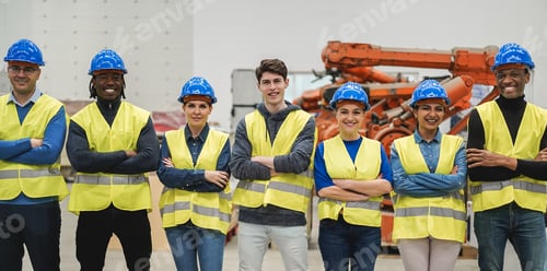 Preview: Multiracial engineers working inside robotic factory - Focus on center faces