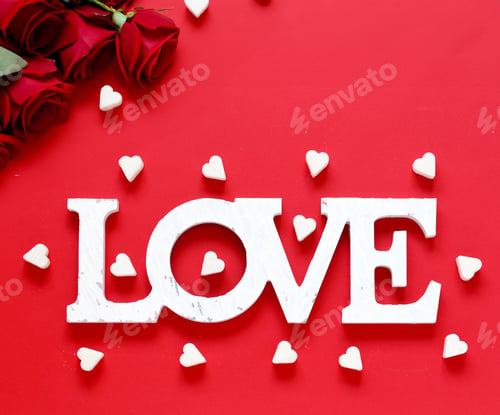 Preview: red background with roses and the word love