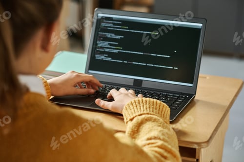 Preview: Girl examining computer codes on laptop
