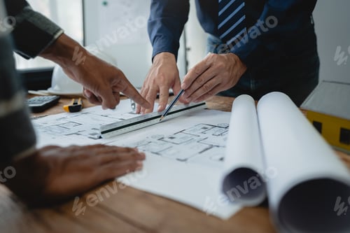 Preview: Team of engineers reviewing blueprints Sketch of a new construction project with engineering tools a