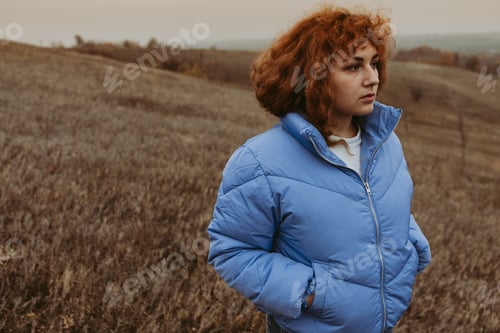 Preview: A Beautiful Girl With Red Hair Travels In Spacious Fields And Meadows, Drinks Thermos Tea And