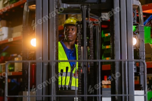 Preview: Man african american wear safety holding walkie talkie driver forklift warehouse in factory.