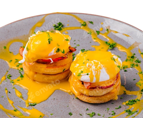 Preview: Pancakes with Poached Egg on Plate