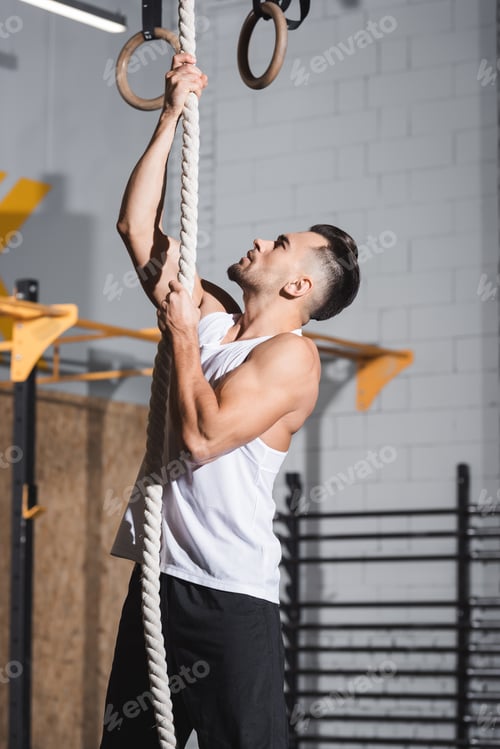 Preview: Side view of athletic sportsman climbing on rope in gym