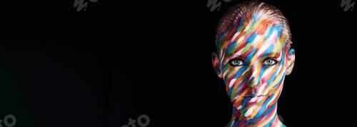 Preview: Woman portrait, skincare and paint in studio, beauty design and mockup space on black background. F