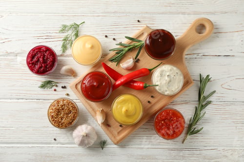 Preview: Tasty sauces in bowls, spices and board on wooden background, top view