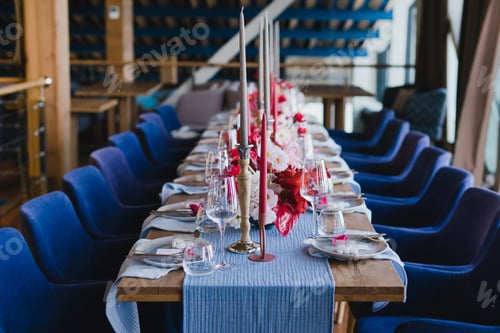 Preview: Coziness and style. Modern event design. Table setting at the wedding reception.