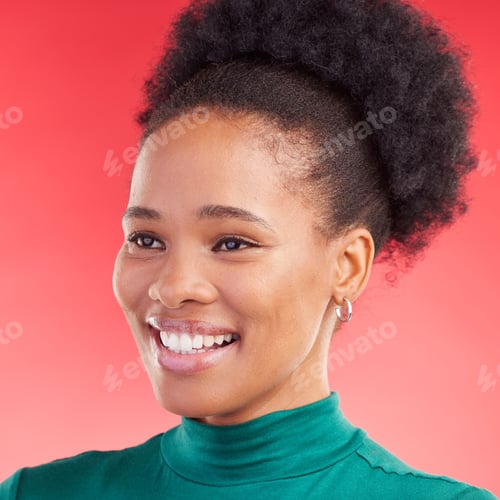Preview: Thinking, face and a black woman on a red background with a smile for fashion, style or ideas. Happ