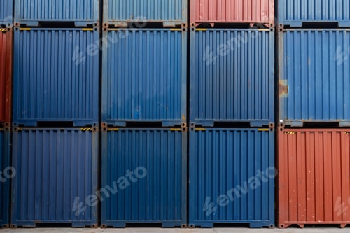 Preview: Stacked cargo containers in an international shipping yard, symbolizing export, and logistics.
