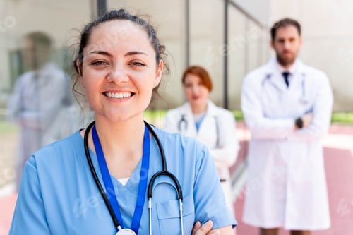 Preview: Smiling female nurse looking at camera, arms crossed, doctors blurred in background