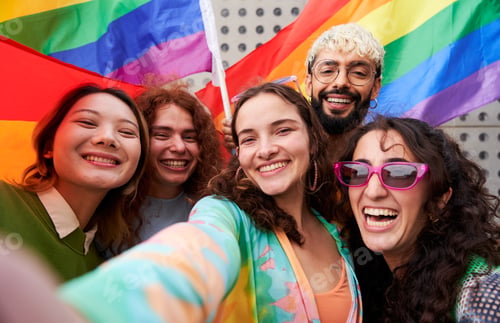 Preview: LGBTQIA people in a pride parade, taking a selfie looking at camera smiling holding rainbow flags.