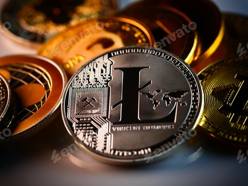Preview: Closeup shot of gold and silver bitcoi