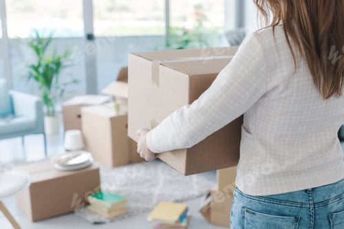 Preview: Woman carrying boxes in her new apartment