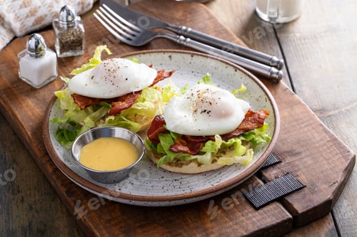 Preview: Eggs Benedict with bacon and lettuce on english muffins