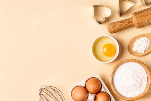 Preview: Ingredients and utensils for baking on a pastel background.