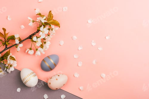 Preview: Colorful Easter eggs and blooming cherry twig on pink and gray background. Top view, flat lay