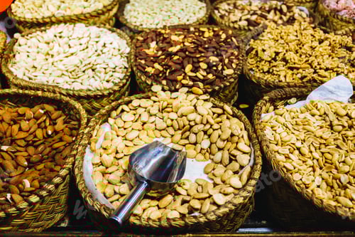 Preview: Baskets full of various heart-healthy nuts.