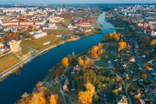 Preview: Grodno, Belarus. Aerial Bird's-eye View Of Hrodna Cityscape Skyline. Famous Popular Historic