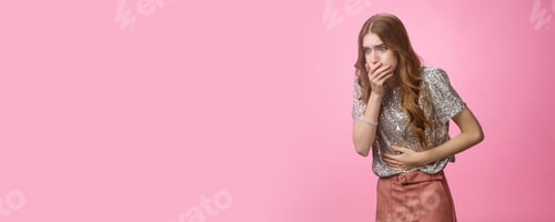 Preview: Portrait intense girl feel bad after party alcohol intoxication touching stomach cover mouth widen