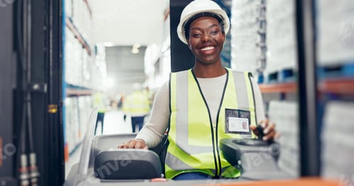 Preview: Logistics, black woman and smile in forklift for portrait, inventory management and organizing shel