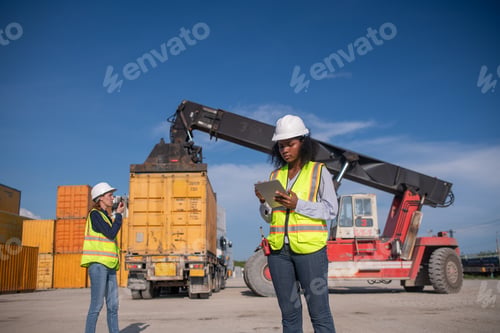 Preview: Engineers holding detail under survey and checking containers