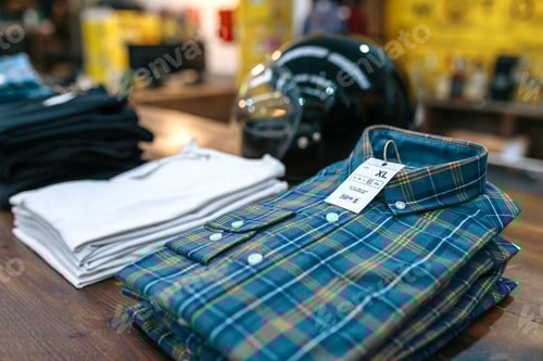 Preview: Close up of label with price and size over a blue plaid shirt on industrial style store