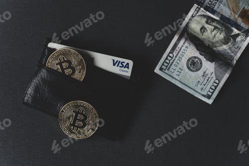 Preview: Golden coin with bitcoin symbol and dollar banknote