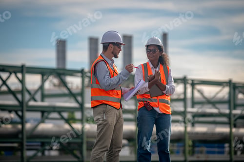 Preview: Engineers railway team wearing safety uniform and helmet under conversation document on hand inspect