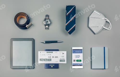 Preview: Set with mobile covid passport and businessman trip accessories
