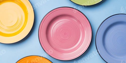 Preview: Colorful ceramic dishes. Flat lay