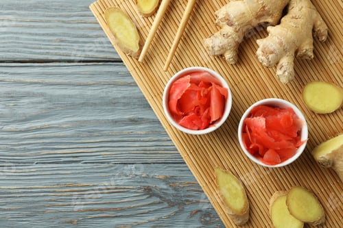 Preview: Concept of tasty eating with pickled ginger and chopsticks on wooden table