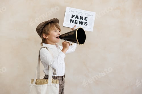 Preview: Newsboy shouting against grunge wall background. Boy selling fake news