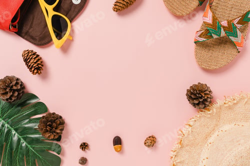 Preview: Creative flat lay photo of travel vacation spring or summer tropical fashion.